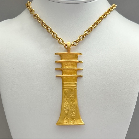 Vintage New Kenneth Jay Lane Gold King Tut Gold Djed Pillar Pendant Necklace - Picture 1 of 11